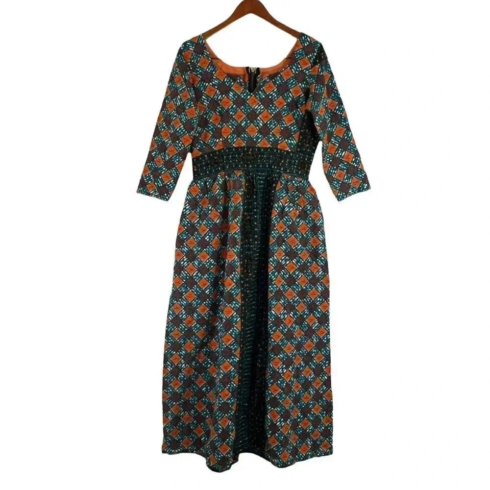 Handmade TRUE VINTAGE 70s Dress Maxi Orange Blue